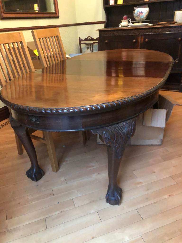 Antiques : Mahogany 6-8 seat table; Oak book cabinet; Dark oak English/Welsh dresser