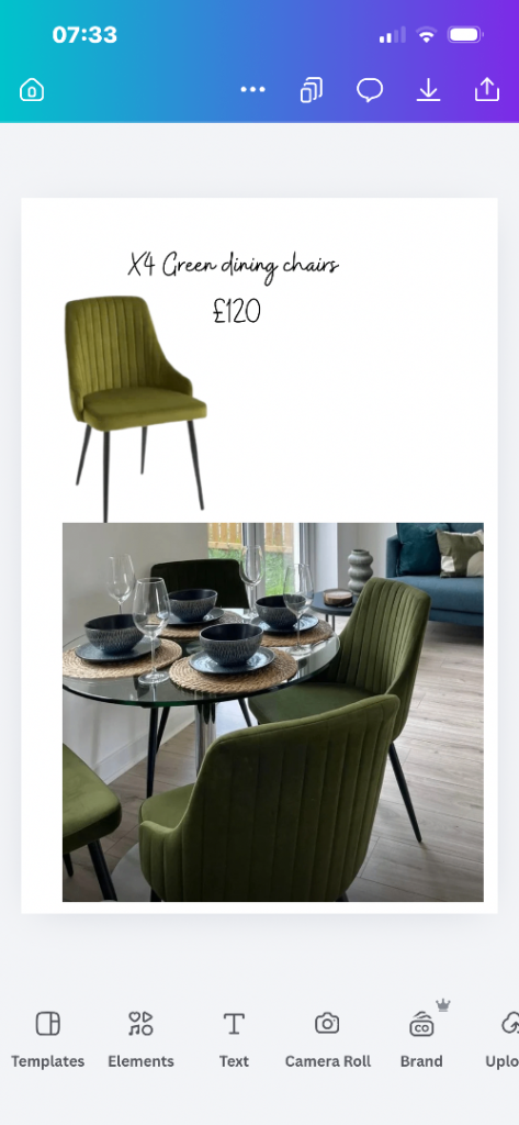 Ex staging green dining chairs x4