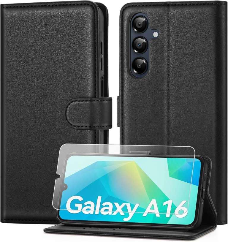 Samsung Galaxy A16 Case with 1 HD Screen Protector, PU Leather Flip Wallet Card Slots RFID Blocking