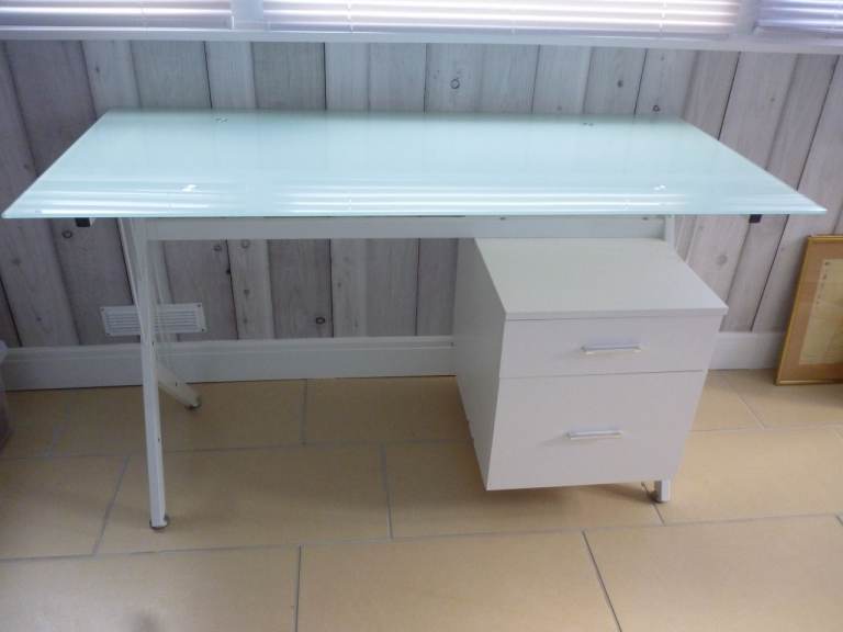Ikea Mint Green Glass Top Desk White Metal Frame with 2 Drawers – Good Condition