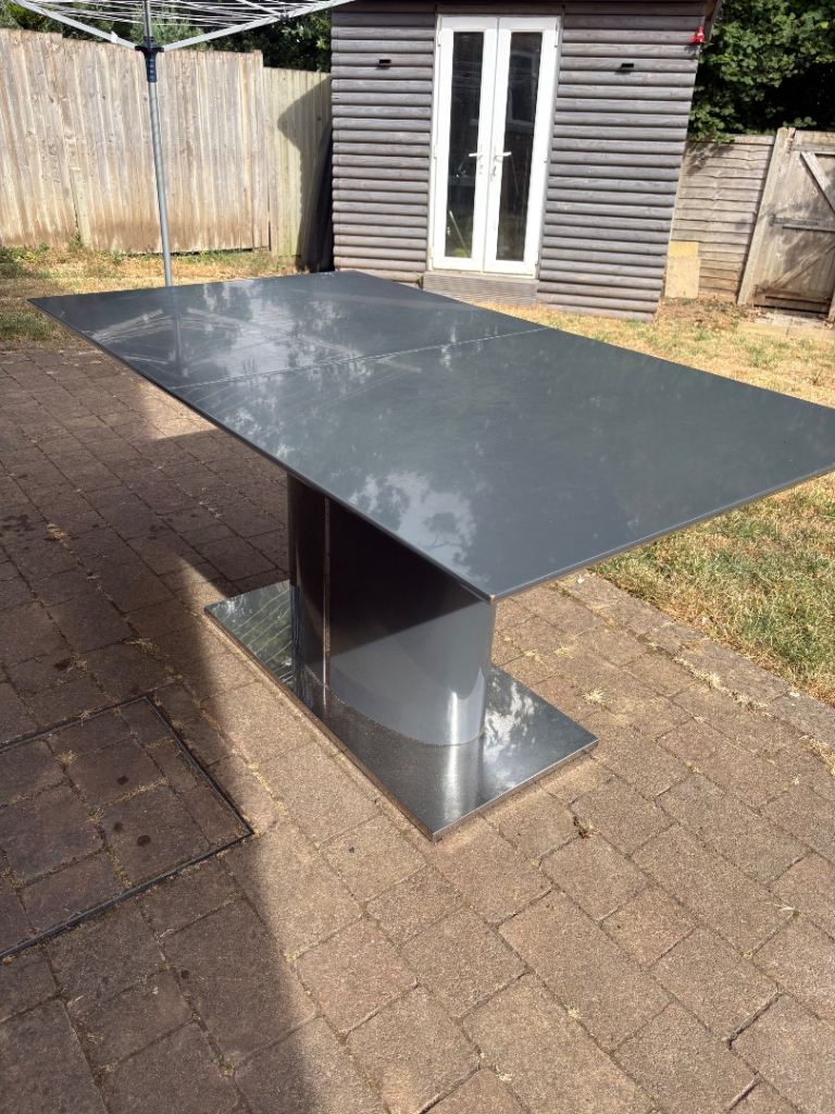 Extendable Grey Dining Table with Metal Base