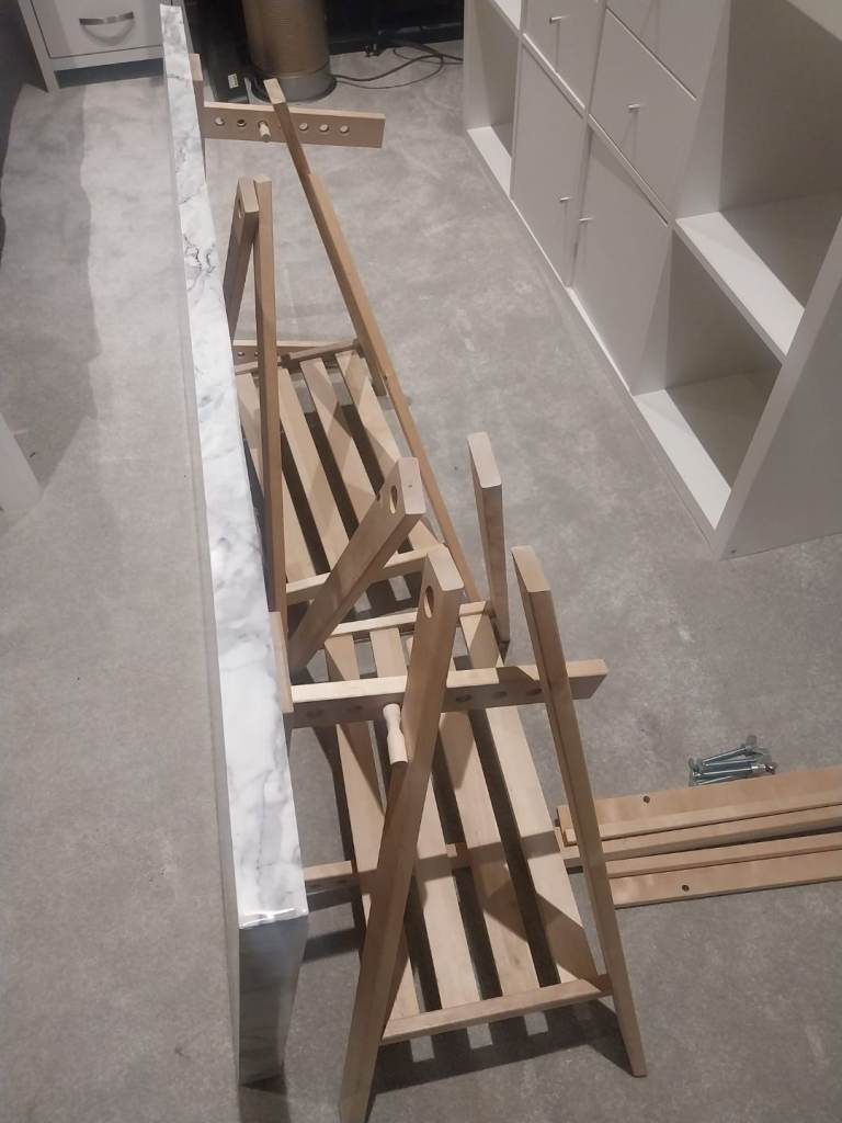 Ikea lagkapten mittback trestle desk white, birch and marble upcycle