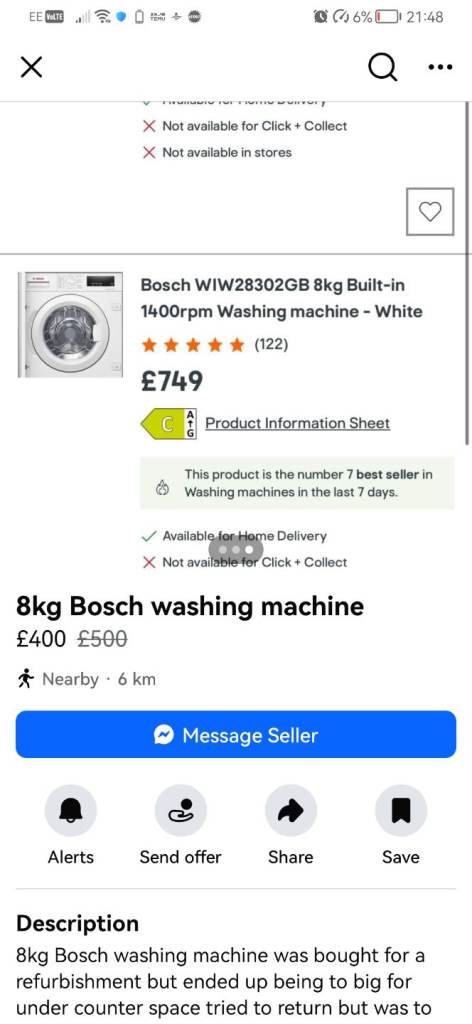Bosh 6 intergrated washing machine 