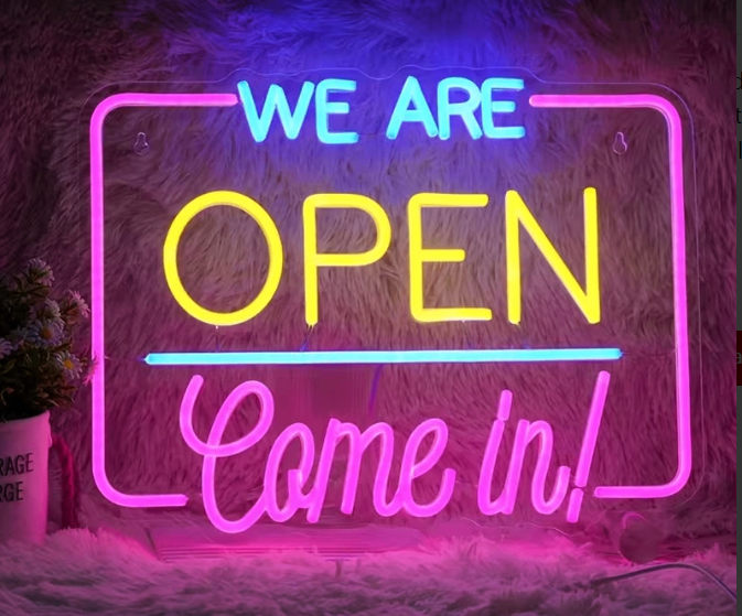 Multiple Colours LED Neon OPEN Sign, USB Powered, Dimmer Switch Control 6 Brightness Levels, 43x33cm