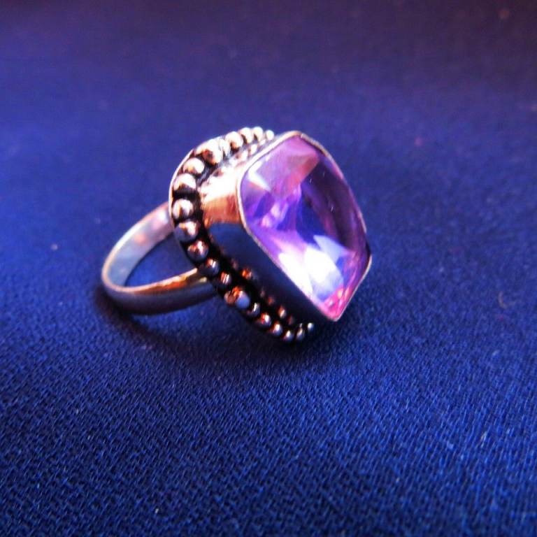 Pink Aqua Mystic Quartz, Silver Overlay Ring, Engraved Frame, Size- 8