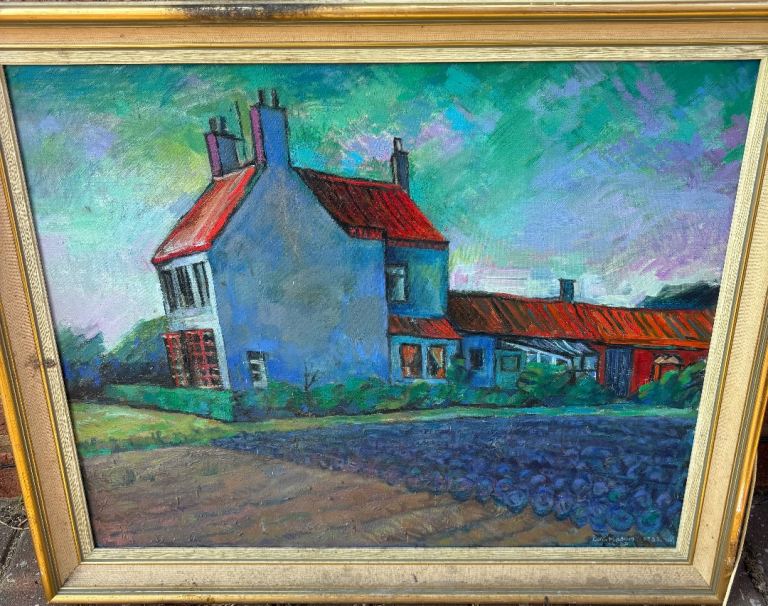 Original Colin Mason Painting - House and Field Scene, 1982