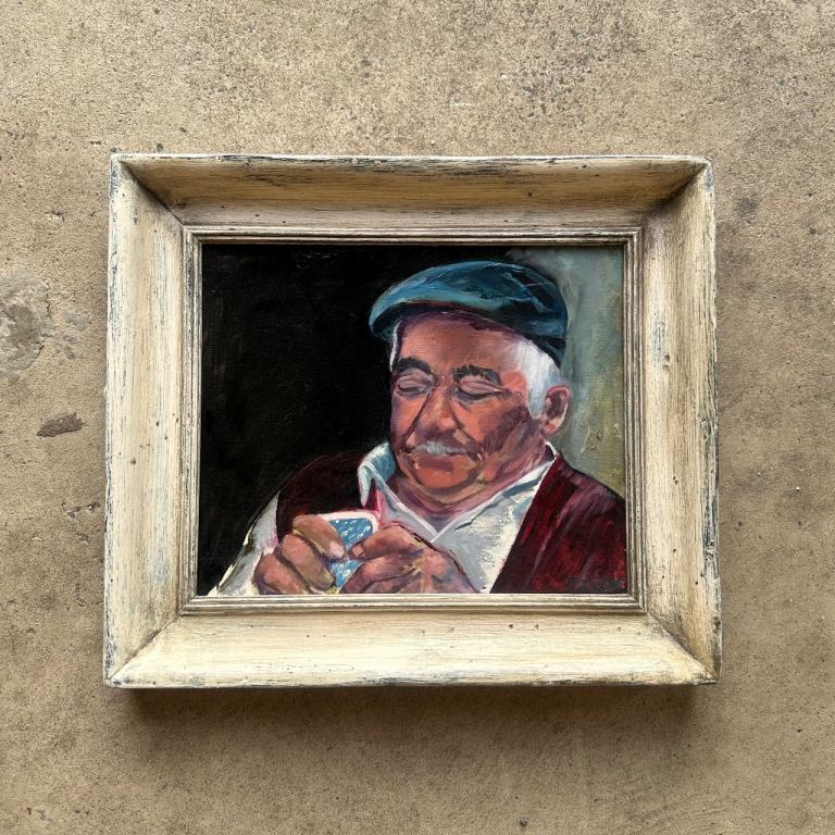 Original Jennifer Lake Oil Painting “The Card Player” Framed Portrait Artwork