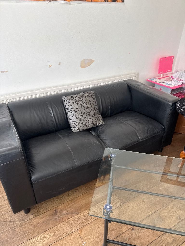 Black Leather Two-Seater Sofa – Good Condition