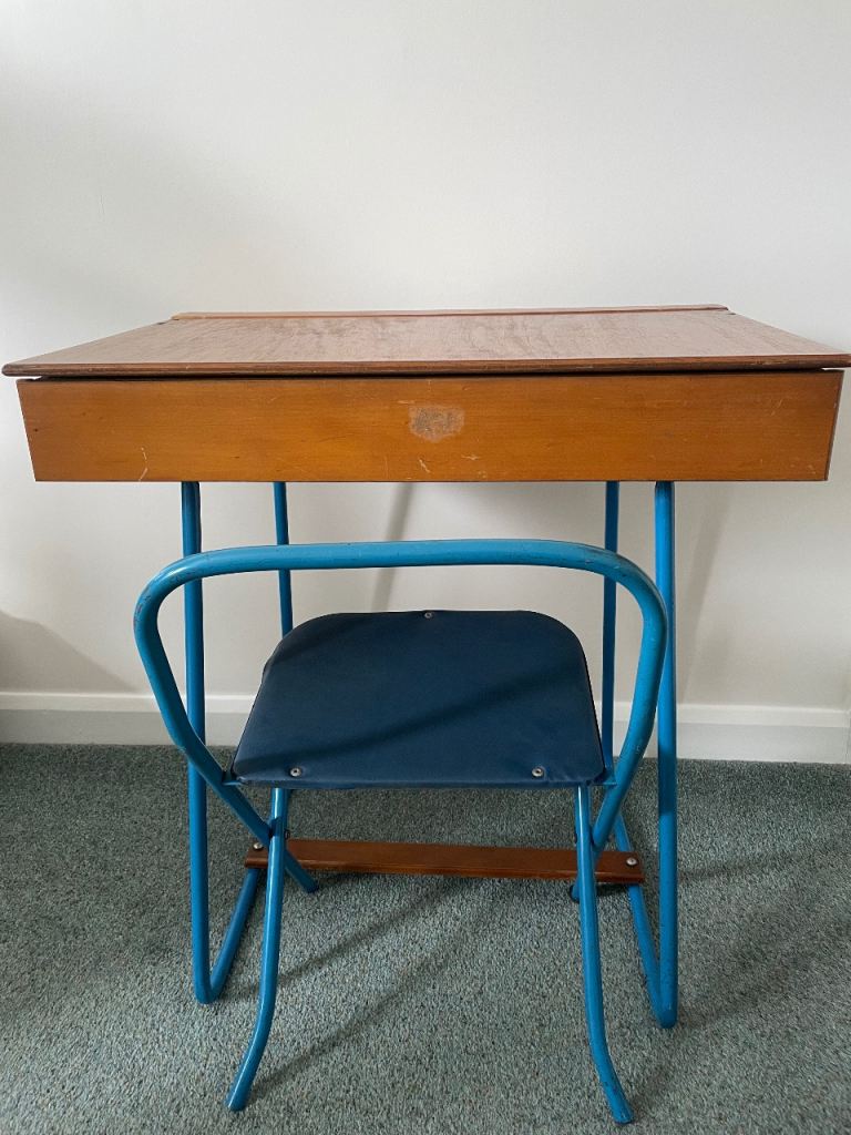 Vintage childrens' wooden play school desk with chair