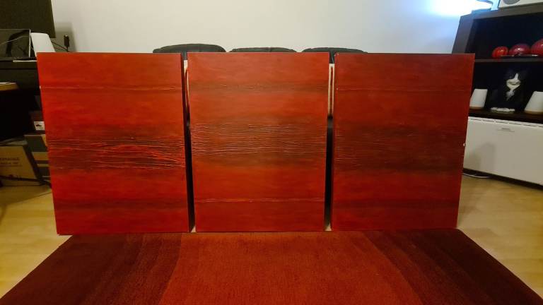 Set of 3 beautiful hand painted deep red burgundy art canvases  60 x 80cm