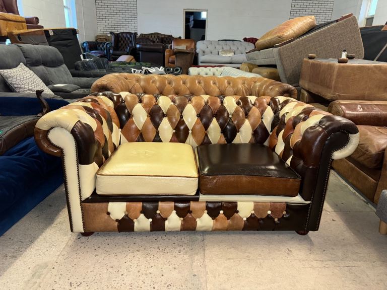 Chesterfield harlequin patchwork real leather two seater sofa