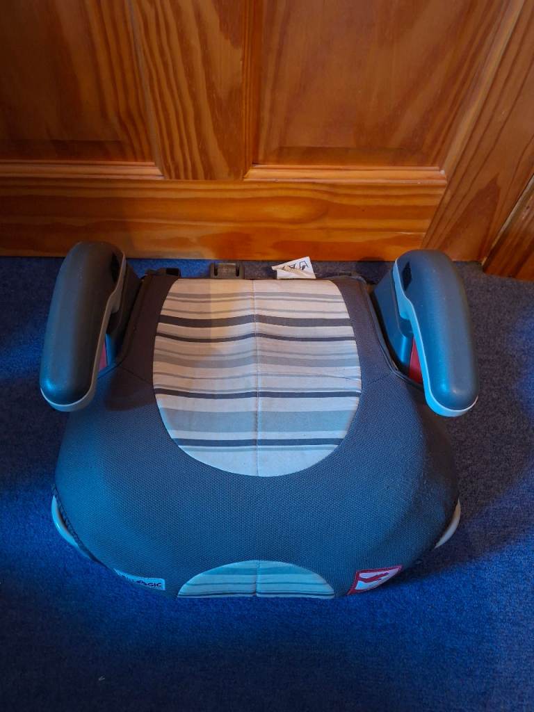 Child's Grey Car Booster Seat with Striped Fabric Insert