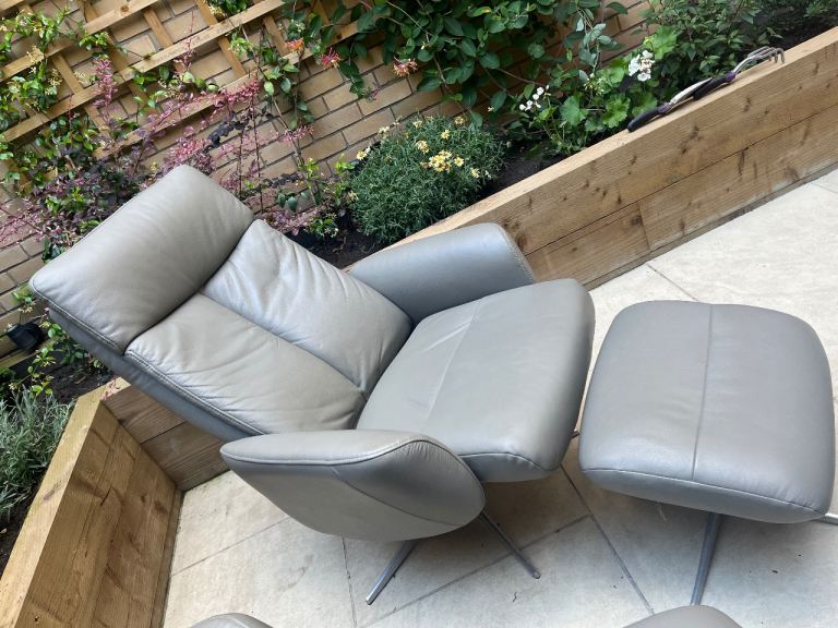 Comfortable Grey Leather Armchair with Footrest