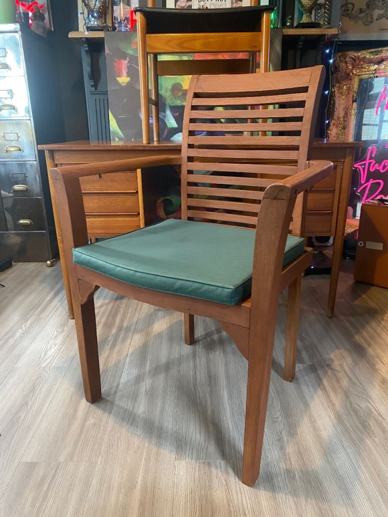 TEAK GARDEN CARVER STYLE CHAIR WITH CUSHION ,GOOD USED CONDITION ,£25 EACH ,X 7 AVAILABLE ,