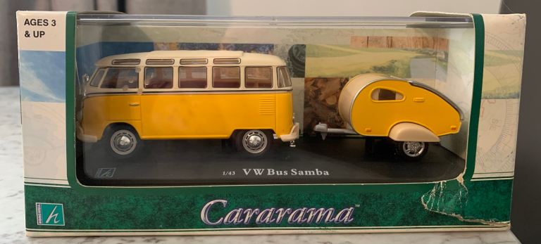 Cararama VW Bus Samba Die-Cast Model with Teardrop Trailer