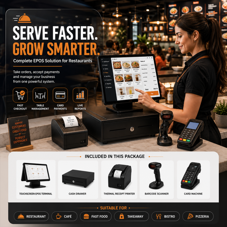 Complete EPOS Solution for Restaurants - Touchscreen, Printer, Scanner, Card Machine