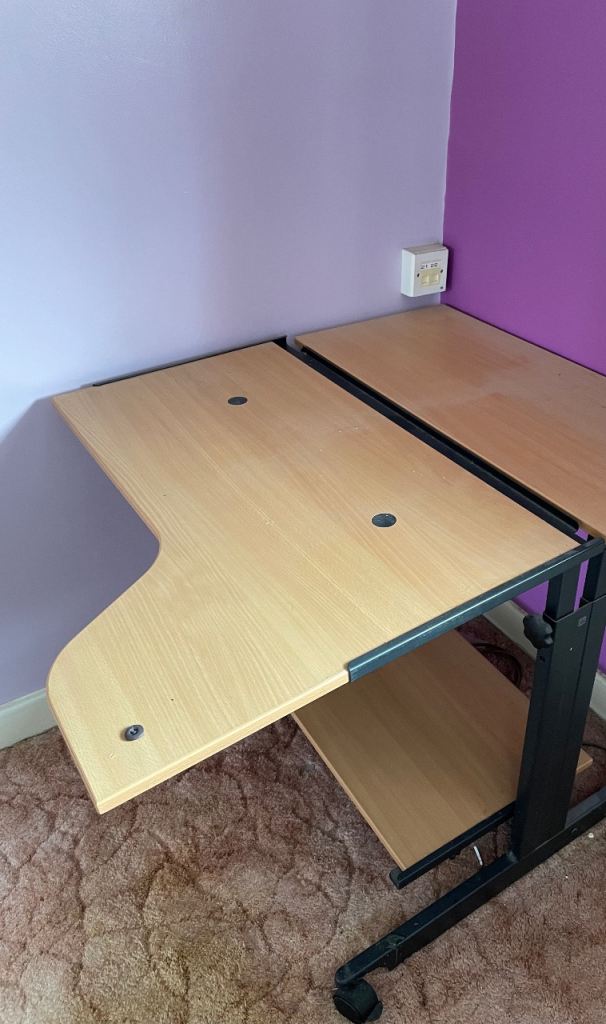 Light Wood Desk with Metal Frame and Storage Shelf