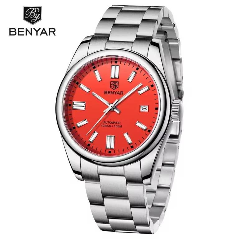 New BENYAR (Pagani Design) Automatic Watch, Red/Orange Face, Date, Stainless Steel Bracelet Boxed