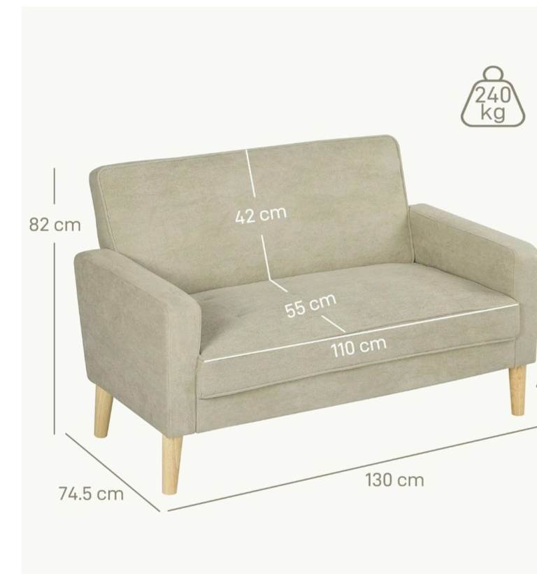 Rrp£130. HOMCOM 2 Seater Sofa, Modern Velvet-Feel Sofa with Rubber Wood Legs.