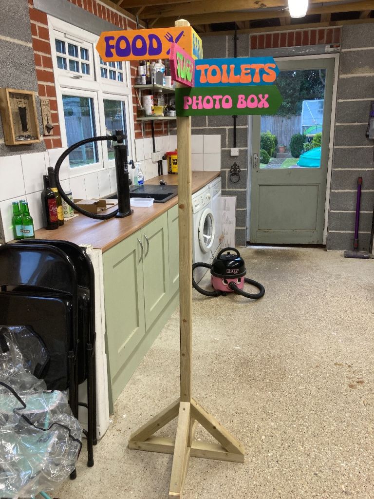 Wooden signpost for festival/garden party 