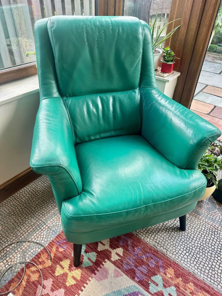 2 Green Leather Lounge Arm Chairs