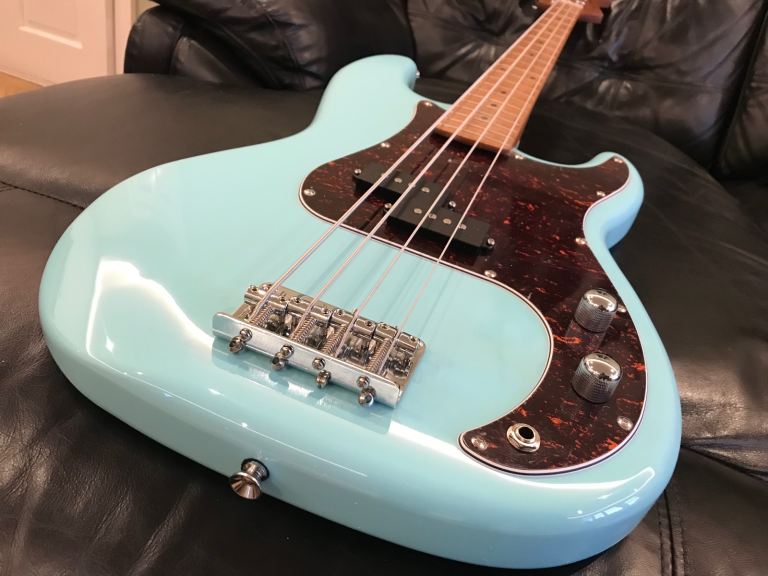 Fazley Sunset Series Piranha 4 Sky Blue Electric Bass Guitar with Gig Bag, new!