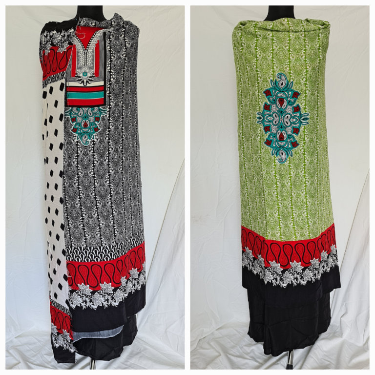 Unstitched 3 piece suit. Asian Dress kameez salwar scarf. Black green red.