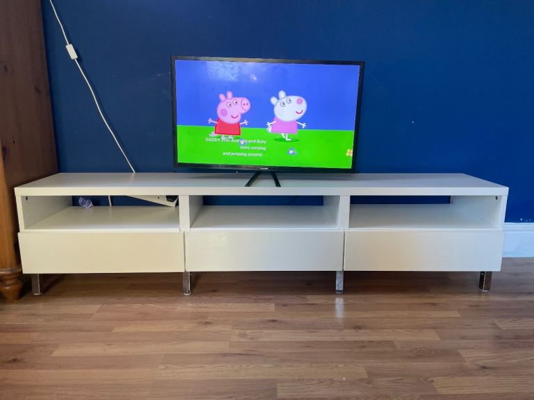 White TV Unit with Storage – Good Condition