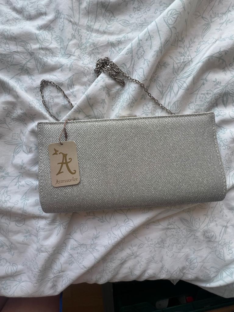 Accessorize Silver Glitter Clutch Bag with Chain Strap - New with Tags