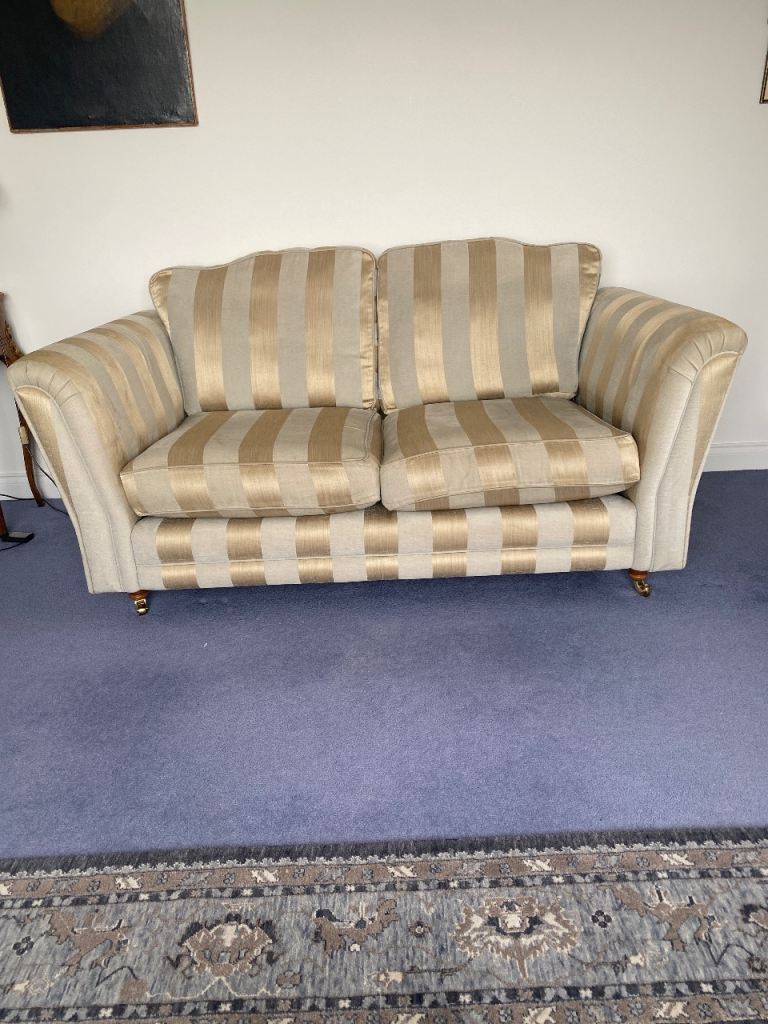 Duresta Gold and grey/duck egg striped sofa 