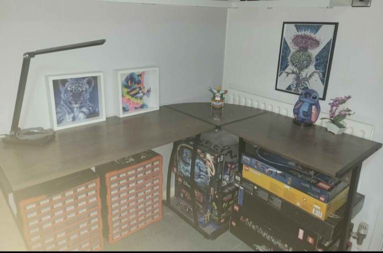 Walnut wooden corner desk with black metal legs- right sided