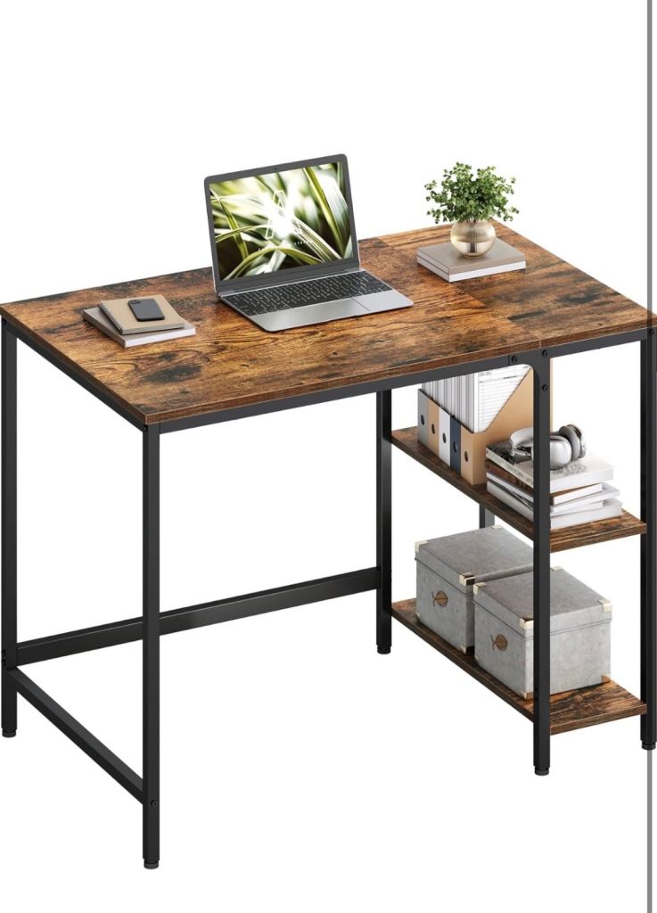 Industrial Style Desk with Shelves - Brown Wood Effect