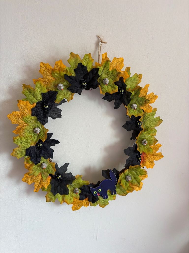 Halloween Autumn Leaf Wreath with Bats and Black Cat