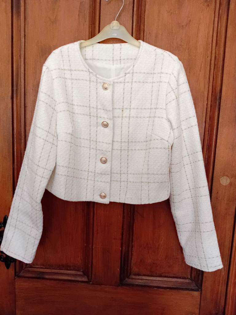 Women's White & Gold Tweed Cropped Jacket Size 8-10