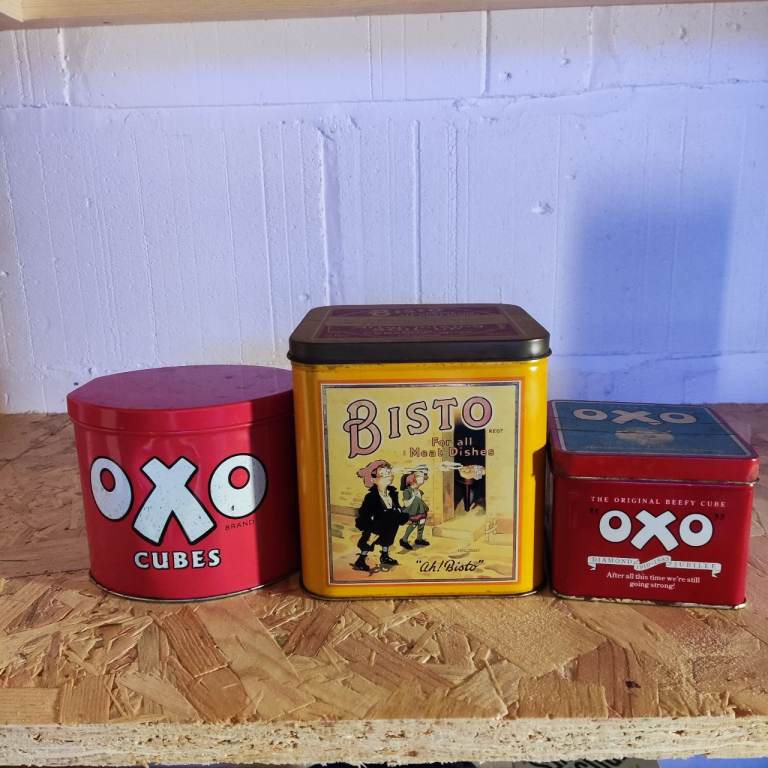 Vintage Retro Bisto & OXO Storage Tins X 3 With Lids Yellow Red