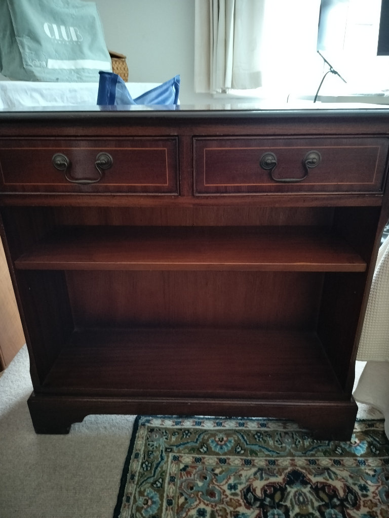 Vintage wooden dwarf book case with x2 drawers