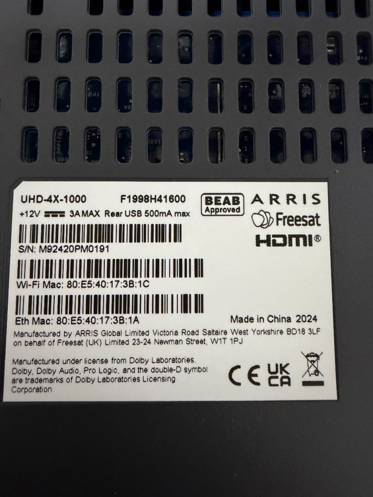 Arris Freesat UHD-4X-1000 Set-Top Box with Remote