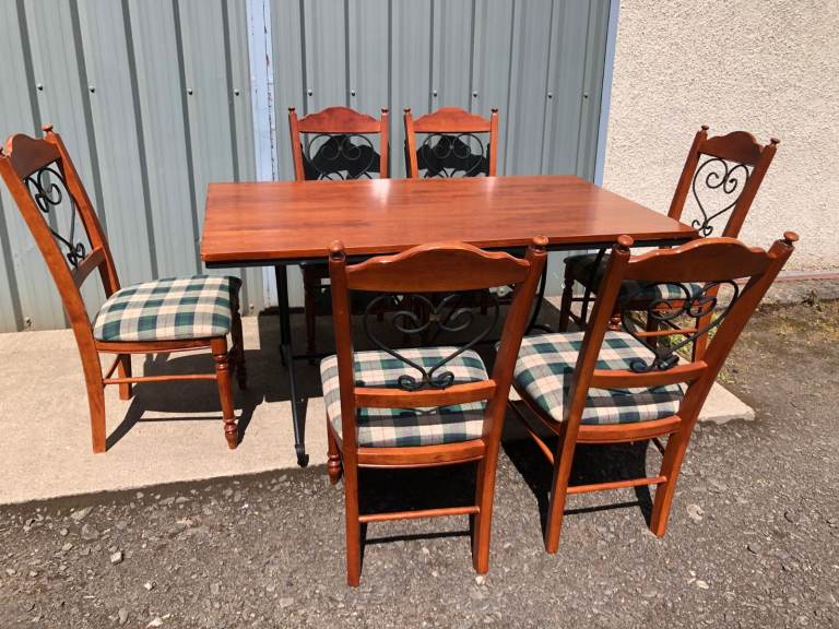 Rectangular Dining Table on Metalwork Supports and 6 Dining Chairs, good condition