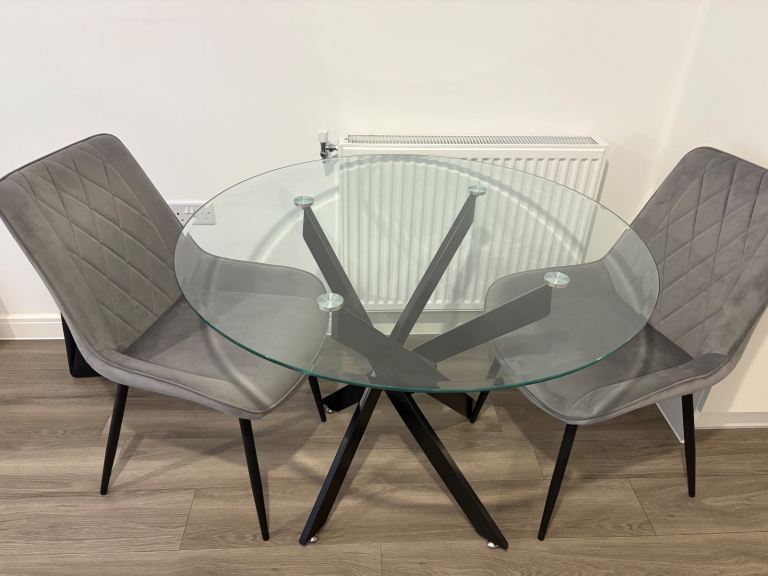 Modern Glass Dining Table with Grey Velvet Chairs – Excellent Condition