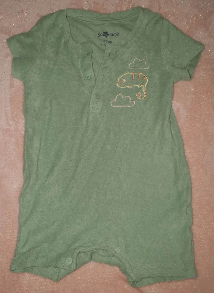 image for SO CUTE Baby Unisex Sage Green Cotton Towelling Chameleon Romper 9-12 mths 80cm