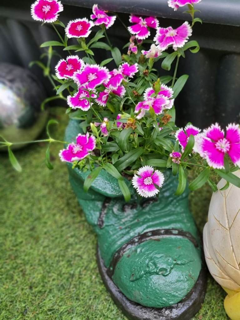 Really nice concrete garden boots with flowers 