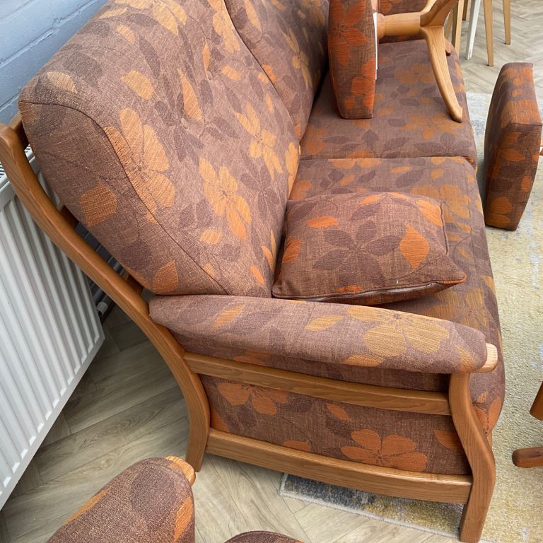 Ercol 3/4 seater sofa and 2 recliner and swivel chairs and footstools