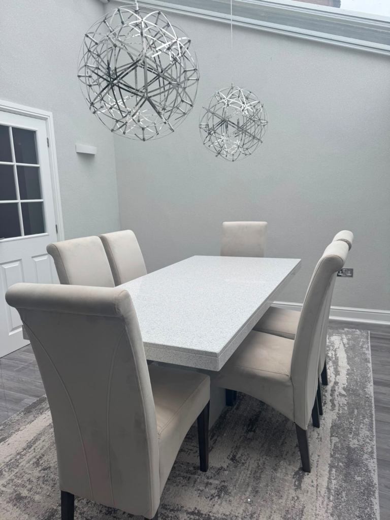 Modern White Sparkle Quartz Dining Table with 6 Beige Chairs – Good Condition