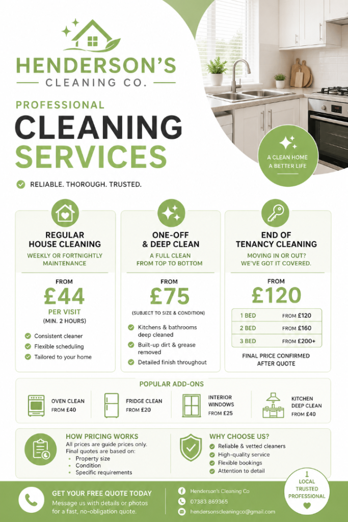 Domestic Cleaner – Weekly & Fortnightly Cleans | Reliable & Affordable | Free Quotes