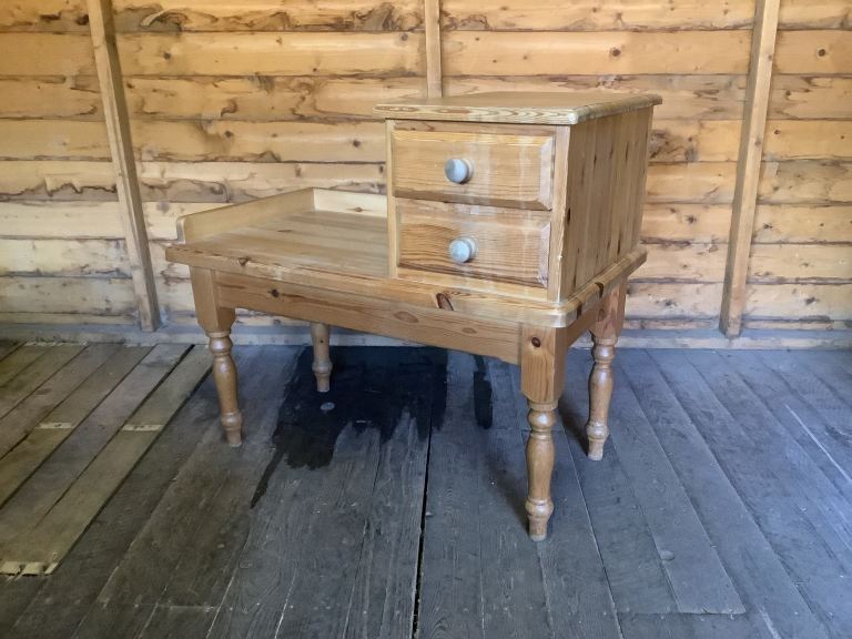Pine two drawer telephone table with spindle turned supports 