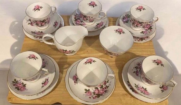 Queen Anne Bone China Tea Set - 6 Trios & Creamer, Pink Roses