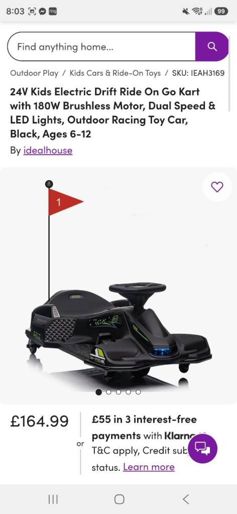idealhouse 24V Kids Electric Drift Go Kart – Black, Ages 6-12