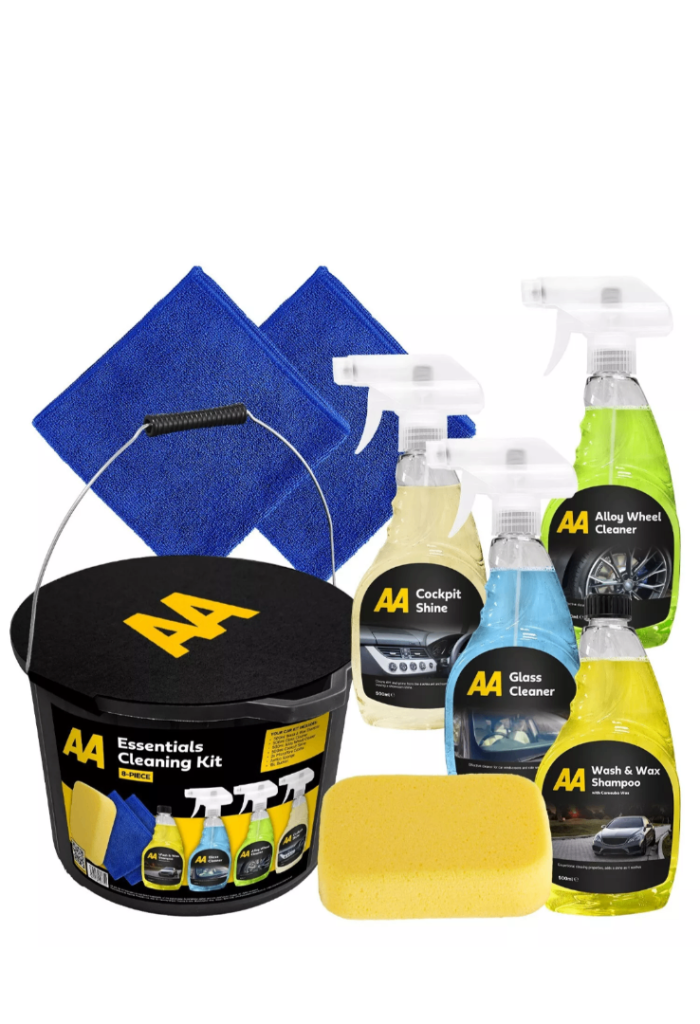 AA Car Cleaning Kit, 8-Piece with 4 Cleaners, 2 x  Cloths, Sponge and 15L Bucket