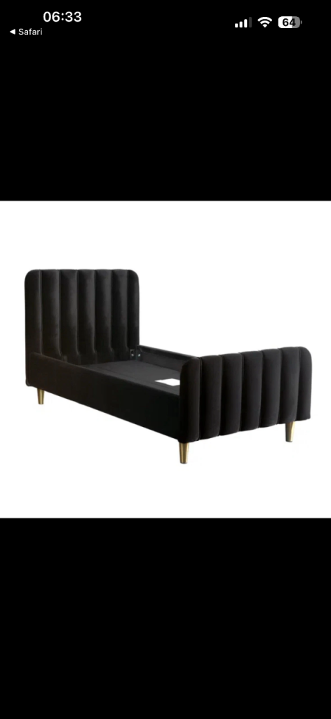 Black Velvet Bed Frame with Gold Legs - New Single Bed