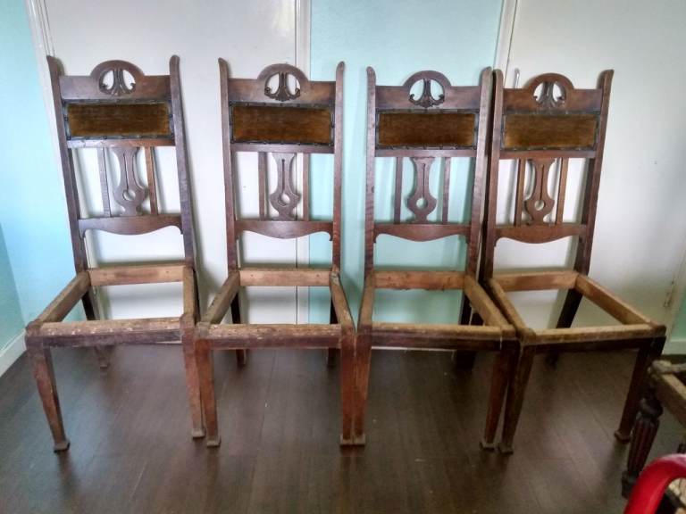 Set of 4 Wooden Dining Chairs – Need Upholstery. Four oak chairs Glasgow School of Art and Crafts. 
